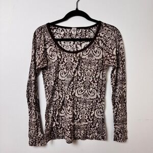 Prana Damask Long Sleeve Top Womens M Brown Paisley Yoga Boho Granola Girl Earth